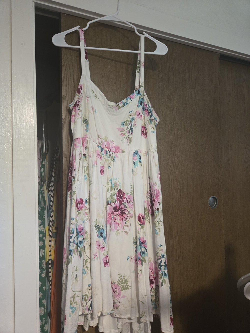 White Floral Strap Dress with Pink and Blue Blooms